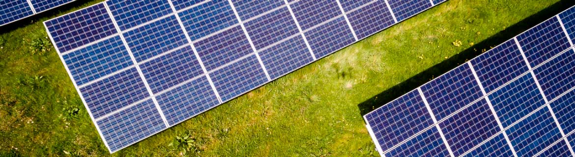 Primer pla de dues plaques solars sobre herba