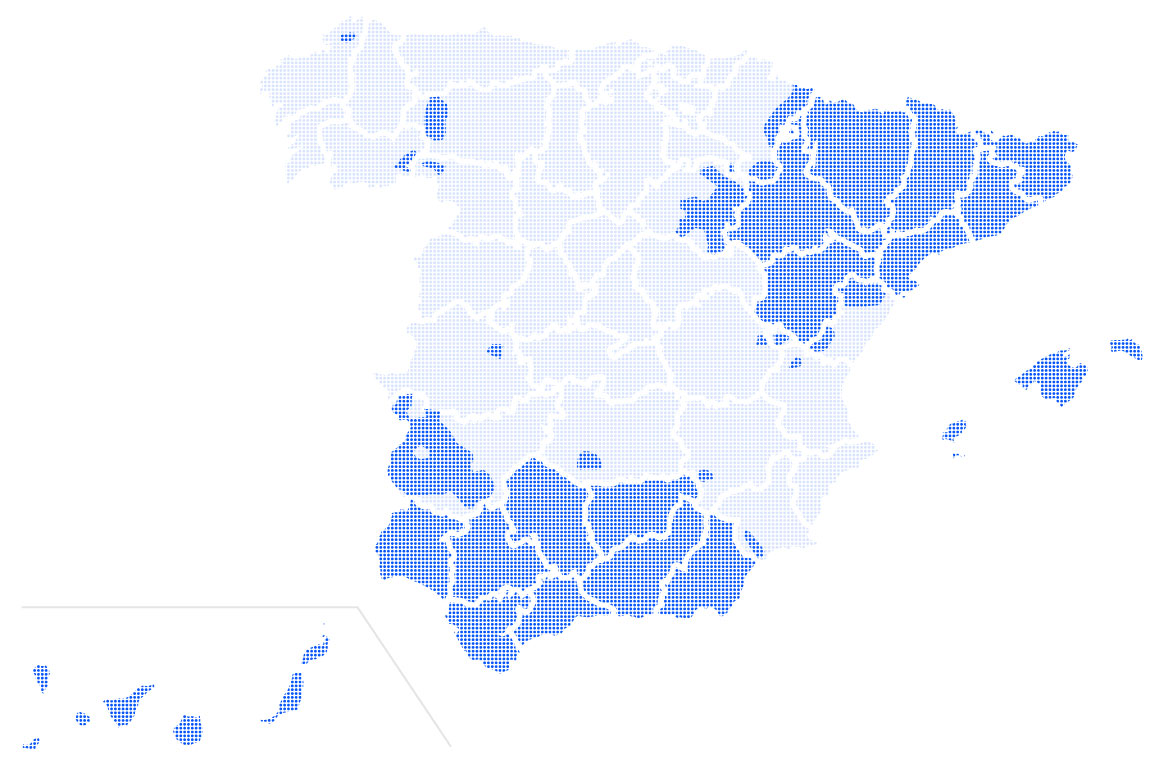 Mapa de la Península ibérica con los territorios donde e-distribución distribuye electricidad