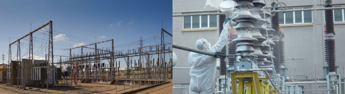 Electricity substation and operator with PPE cleaning a condenser